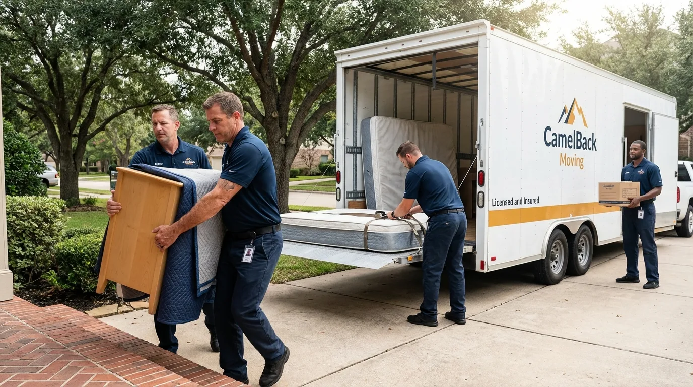 Crew loading residential truck for cross-state move from Warsaw, NC