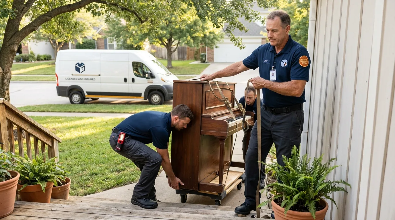 Licensed piano movers securing grand piano in Warsaw, NC