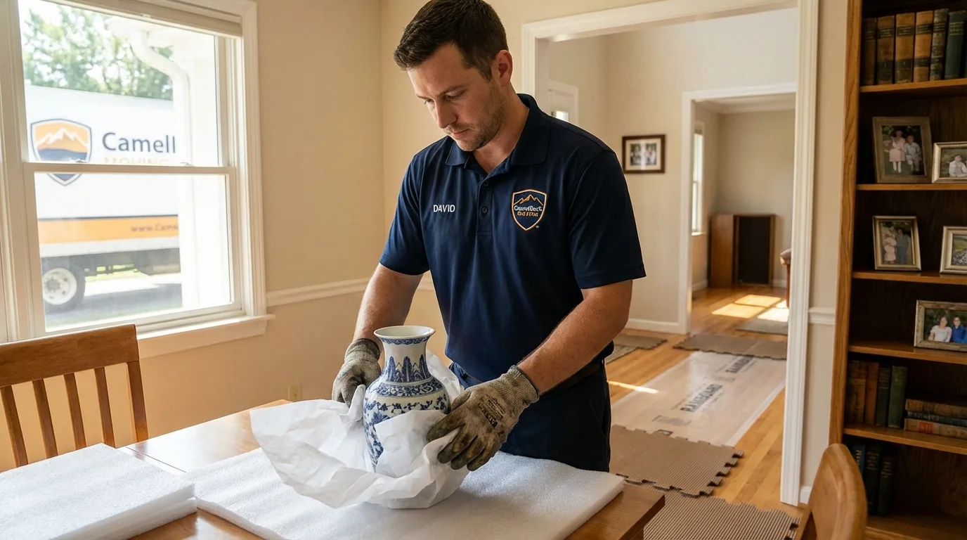 Professional crew carefully wrapping antique vase for senior downsizing move in Warsaw, NC